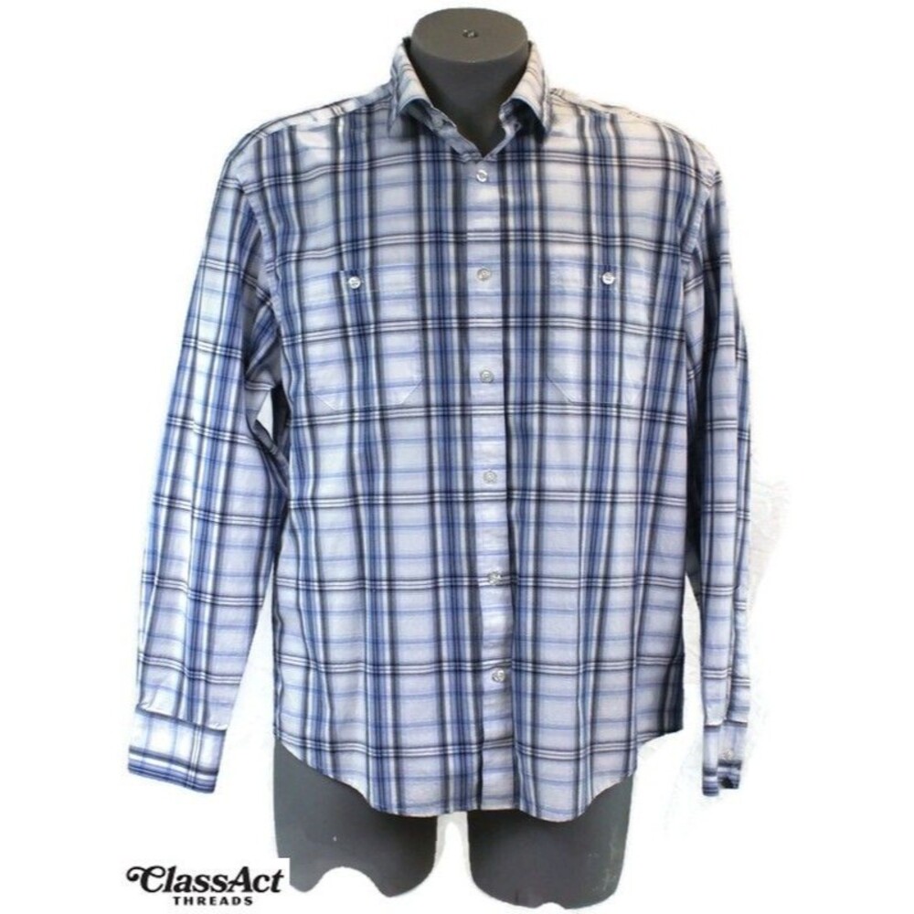 JOSEPH ABBOUD Mens Blue Plaid Long Sleeve Button Shirt Cotton Pockets Sz XL